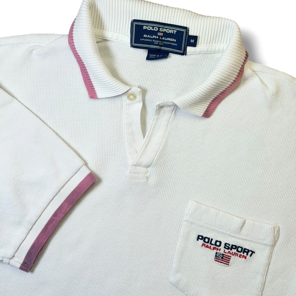 Vintage Polo Sport Ralph Lauren Polo Shirt Men M White Ringer Waffle Knit Tennis